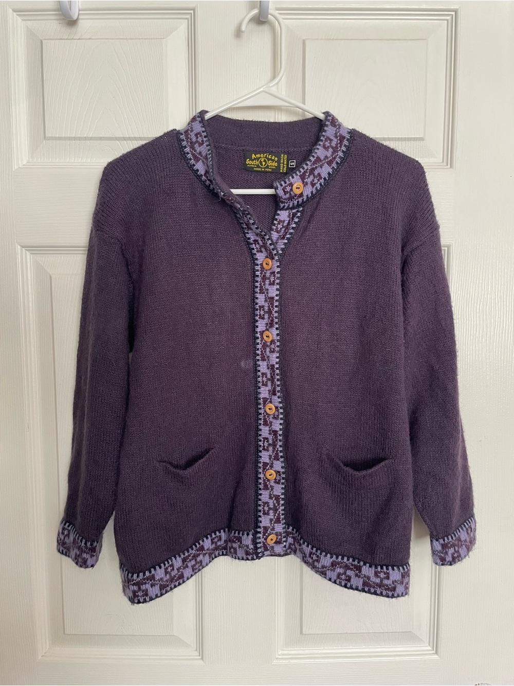 American South Side Alpaca Wool Purple Button-Up Cardigan with Patterned Trim